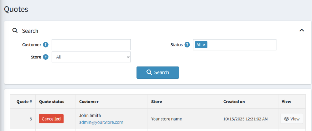 request for quote admin quotes page